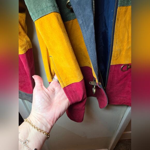 Vtg 90s Y2K Colorblock Stripped Leather Trench Coat Hood Outdoor Exchange L Read - Picture 14 of 15